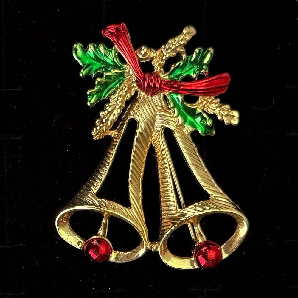 Vintage Christmas Double Bells Brooch Red Green Holly Bow Holiday Pin